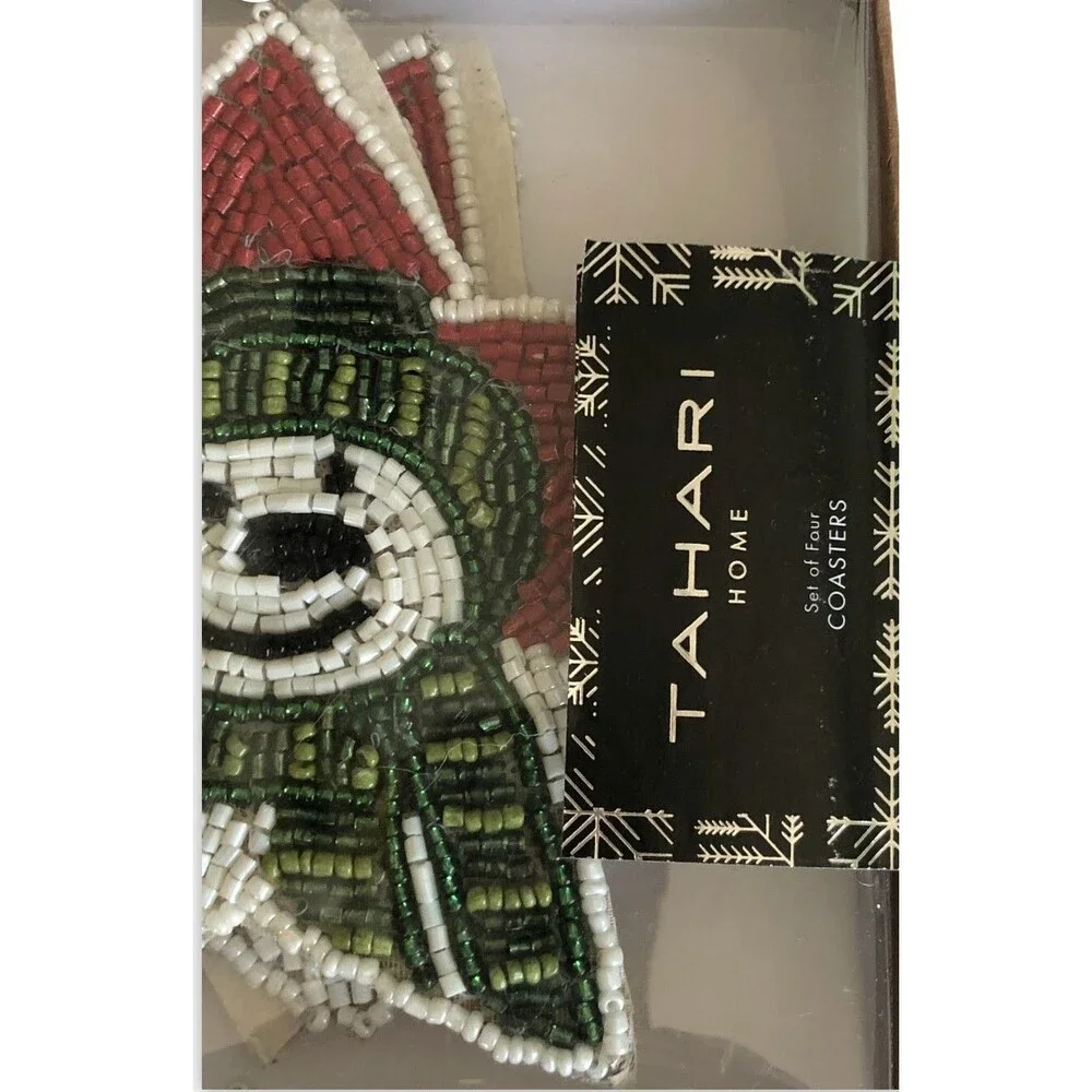 Tahari Christmas Beaded Drink Coasters Holiday Winter Snowman on a Star Set of 4